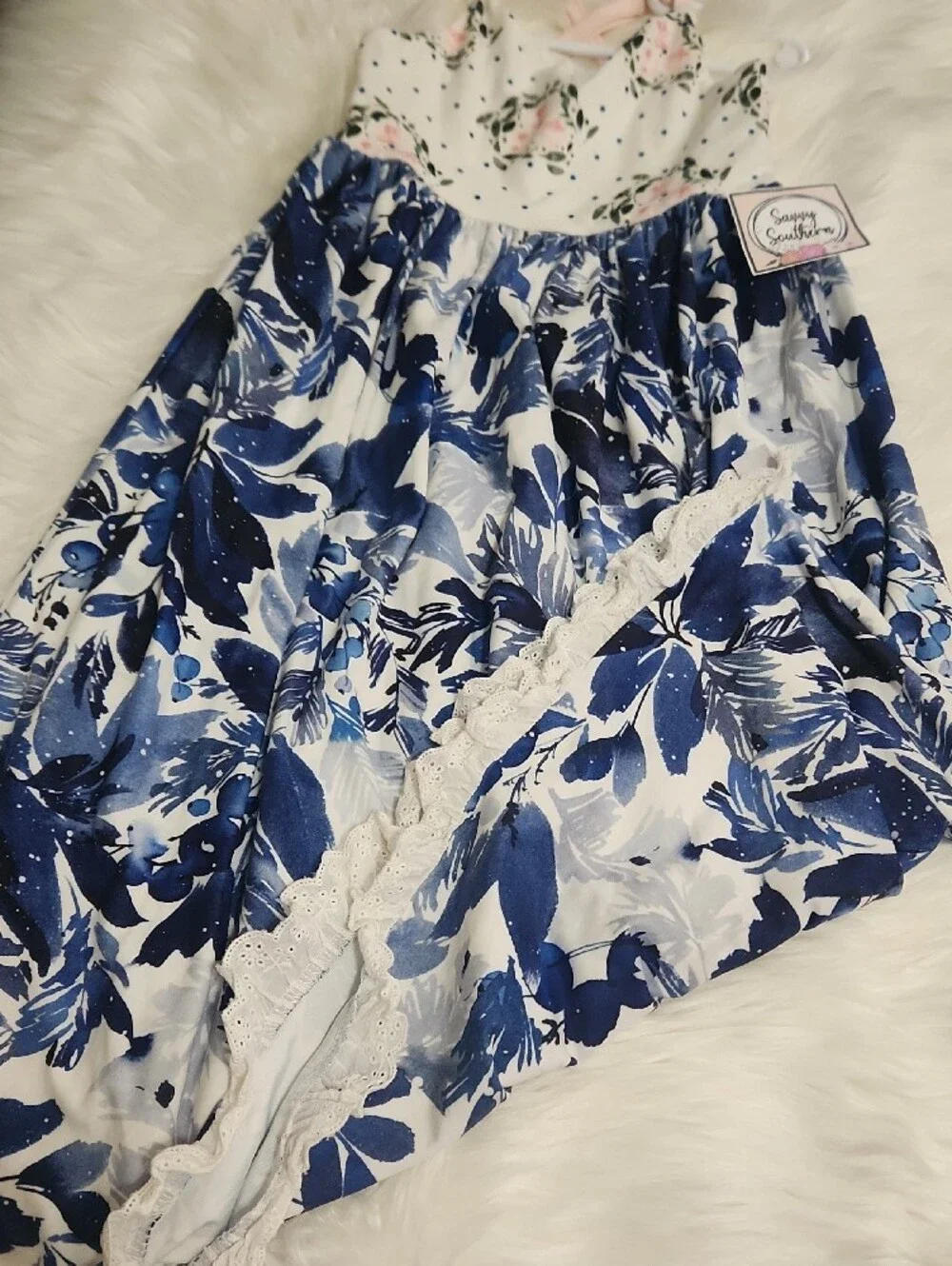 Blue Floral Maxi Dress with Pink Rose Bodice - Girls Size 4 - Brand: Sweet Honey